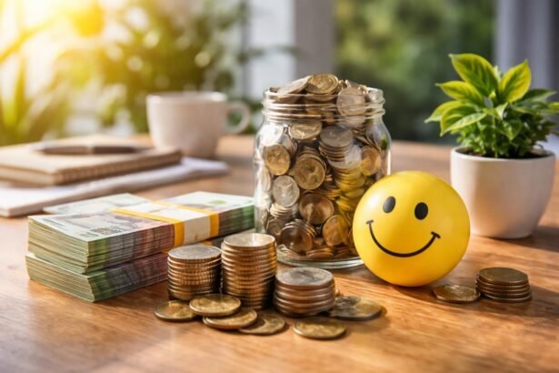 Pénz és boldogság: érmehalmok és mosolygó labda az asztalon