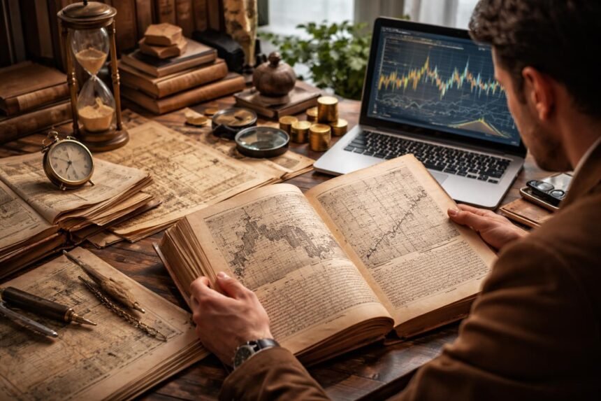 Könyvek és pénzügyi statisztikák tanulmányozása egy íróasztalon.