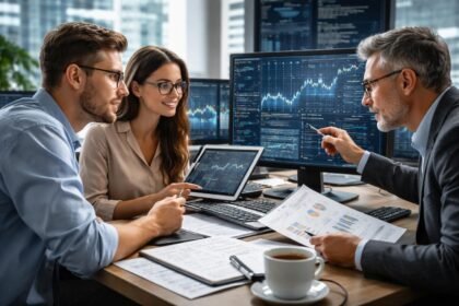 Kvantitatív pénzügyi elemzők beszélgetnek adatokkal.