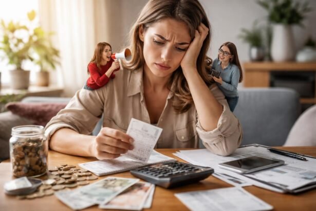 Nő pénzügyi dilemmával szembesül, érzelmi nyomás alatt.