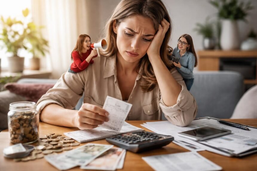 Nő pénzügyi dilemmával szembesül, érzelmi nyomás alatt.