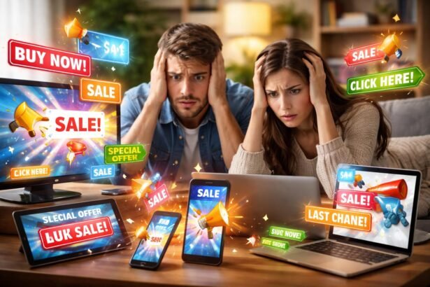 Két személy a reklámok tengerében, frusztrációval az arcukon.