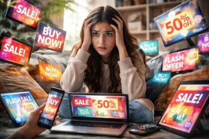 Nő stresszesen nézi a reklámokat a számítógépén és telefonján.