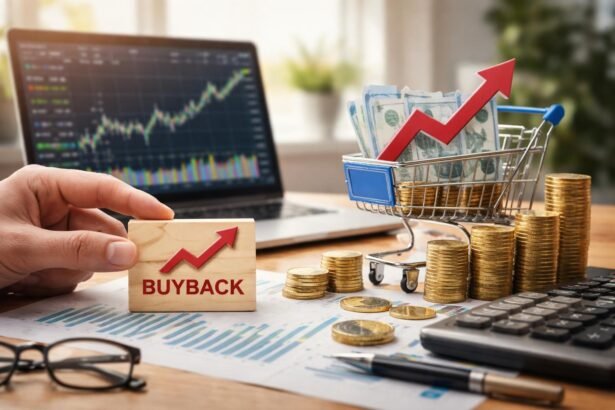 Saját részvény visszavásárlás illusztráció pénzügyi elemzéssel.