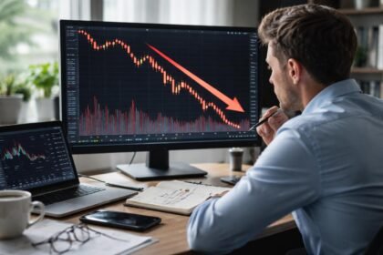 Férfi kereskedő figyelmesen elemzi a csökkenő árfolyamot a számítógép képernyőjén.