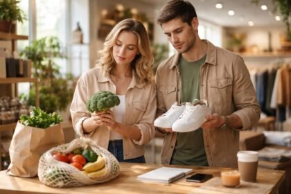 Egy fiatal pár tudatos fogyasztói döntéseket hoz a boltban.