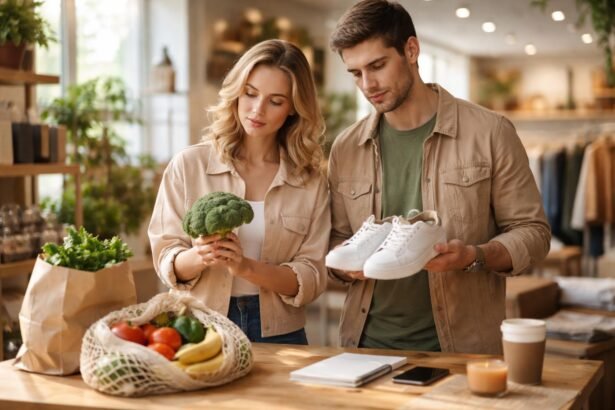 Egy fiatal pár tudatos fogyasztói döntéseket hoz a boltban.