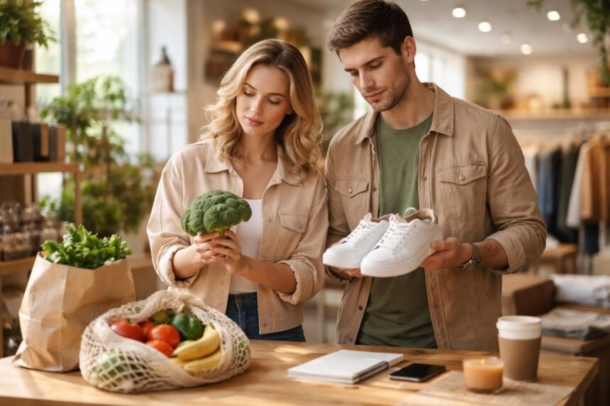 Egy fiatal pár tudatos fogyasztói döntéseket hoz a boltban.