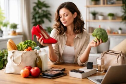 Nő, aki tudatos döntést hoz az élelmiszer és a divat között.