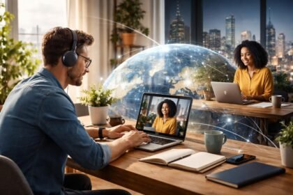 Távmunka során két szakértő videóchaten beszélget globálisan.