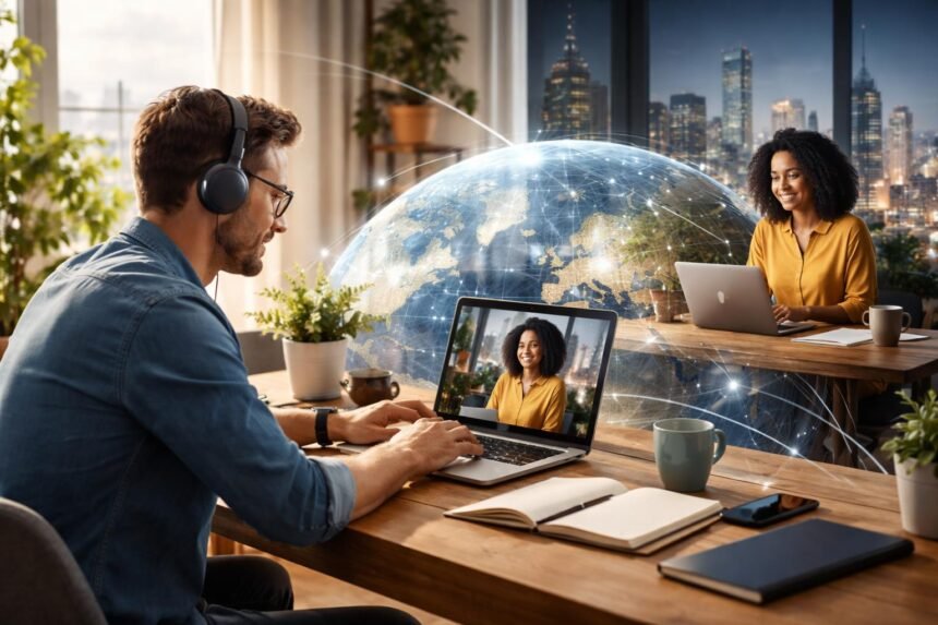 Távmunka során két szakértő videóchaten beszélget globálisan.