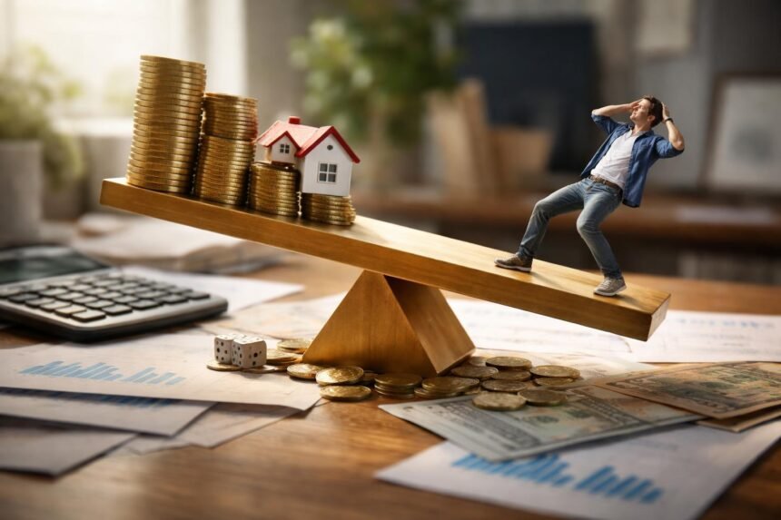 Tőkeáttétel fogalmát szemléltető kép, arany érmék és ház modellel.