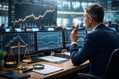 Befektető a tőzsdén, grafikonok és pénzügyi elemzések