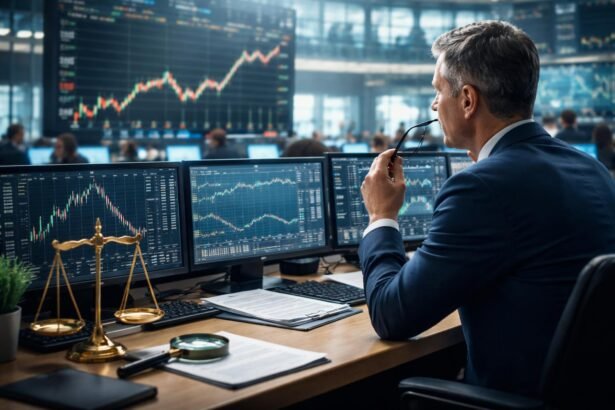 Befektető a tőzsdén, grafikonok és pénzügyi elemzések