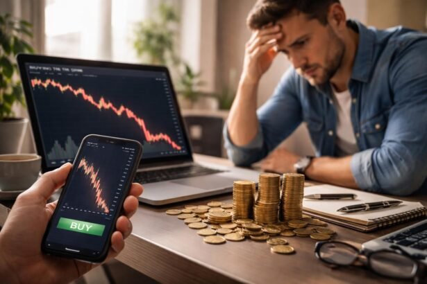 Férfi stresszel a tőzsdei befektetés miatt, telefonján a 'buy' lehetőséggel.