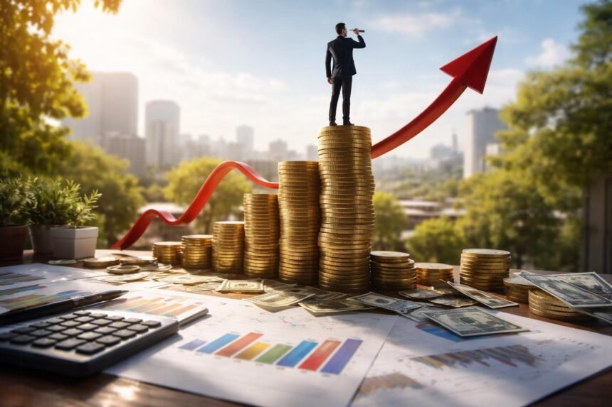 Ember a pénzügyi növekedést szimbolizáló érmék és grafikonok között.