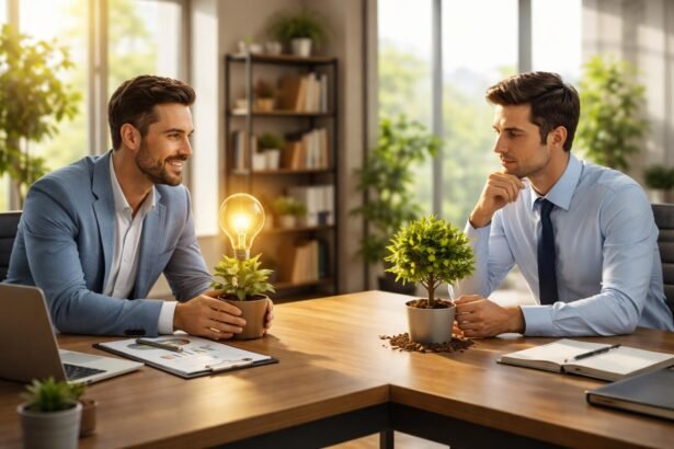 Két üzletember beszélget egy ötletes növényről az irodában.