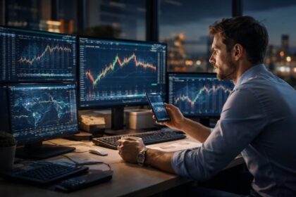 Tőzsdei kereskedő elemzi a grafikonokat éjszakai munkájában.