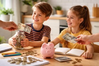 Gyerekek zsebpénzt kapnak, pénzügyi tanulmányokhoz kapcsolódóan.