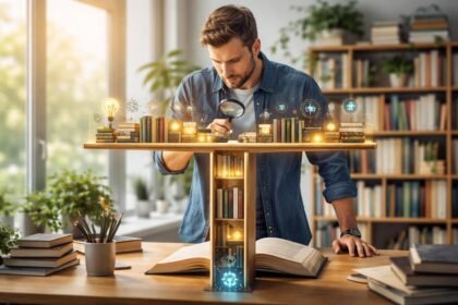 A T-alakú tudásmodell vizuális szimbolikája, könyvek és ötletek bemutatásával.