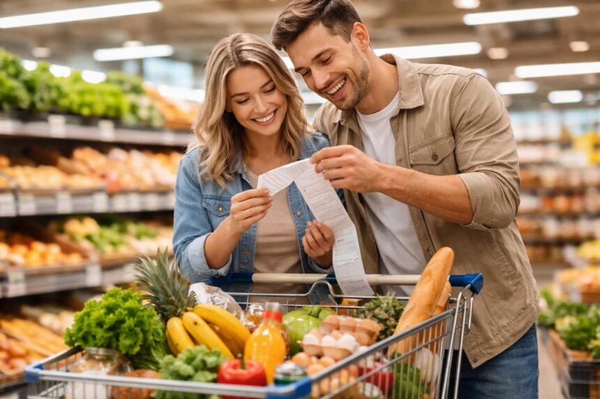 Pár mérlegeli a bevásárlás költségeit egy boltban.