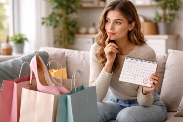 Nő a kanapén, naptárral és vásárlószatyorral, impulzusvásárlás ellen