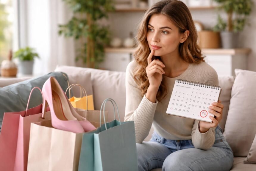 Nő a kanapén, naptárral és vásárlószatyorral, impulzusvásárlás ellen