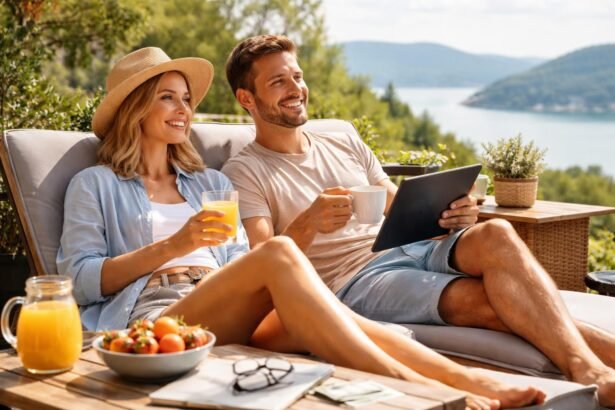 Pár boldogan relaxál a teraszon, a távmunka és nyugdíj gondolatával.