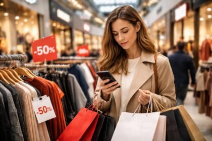 Nő vásárlás közben, Black Friday akciók alatt, telefonját használja.