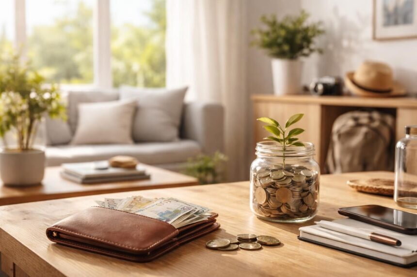 Minimalista pénztárca és megtakarítási jar pénzérmékkel