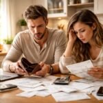 Pár pénzügyi problémákkal küszködik otthon, számlákat és költségeket nézegetve.