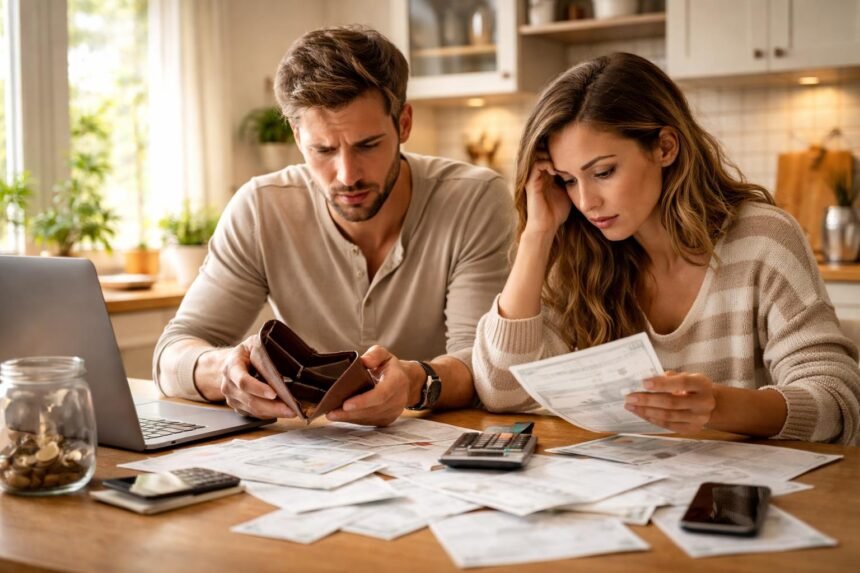 Pár pénzügyi problémákkal küszködik otthon, számlákat és költségeket nézegetve.