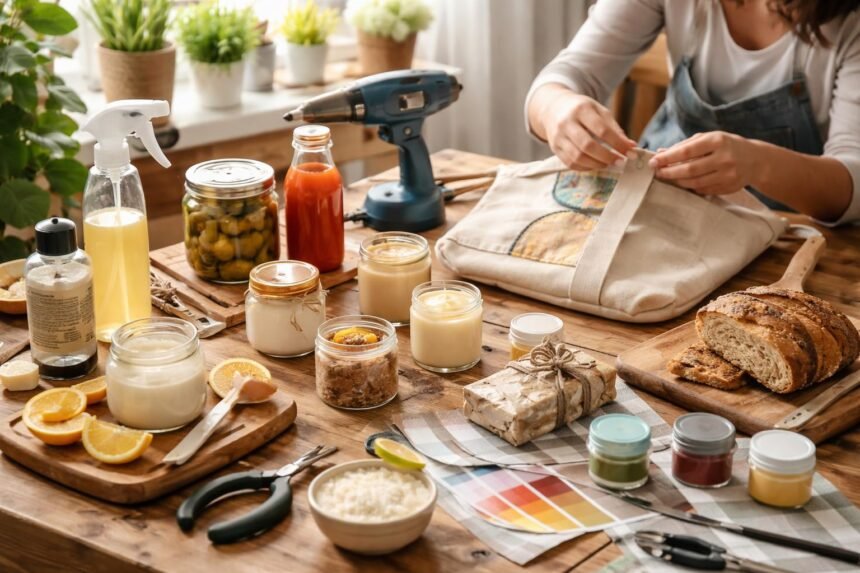 DIY kreatív projektek asztalon, természetes alapanyagokkal és eszközökkel.