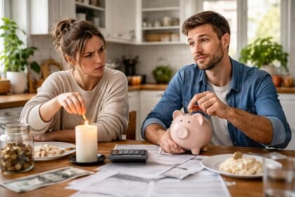 Pár egy asztalnál, spórolásról beszélgetve, pénzügyi dilemmákkal.