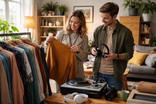 Fiatal pár használt ruhákat és elektronikát nézeget a boltban.