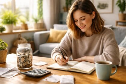 Nő, aki költségvetést tervez egy no-spend hónap során.