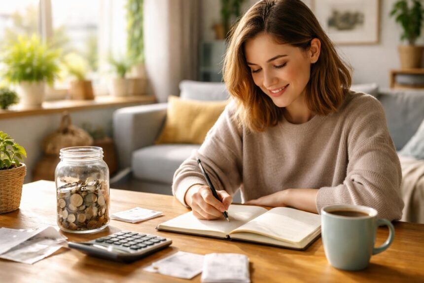 Nő, aki költségvetést tervez egy no-spend hónap során.