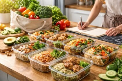 Egészséges előre elkészített étkezések tárolóedényekben friss zöldségekkel