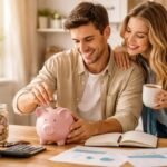 Fiatal pár nyugdíj-előtakarékossági tervezés közben, malacperselybe dobott érme.