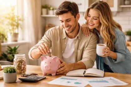 Fiatal pár nyugdíj-előtakarékossági tervezés közben, malacperselybe dobott érme.