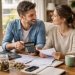 Pár közösen tervez a pénzügyekről otthon, számológéppel és dokumentumokkal.