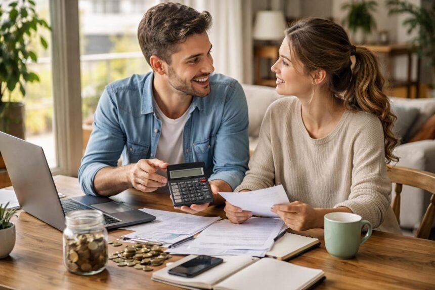 Pár közösen tervez a pénzügyekről otthon, számológéppel és dokumentumokkal.