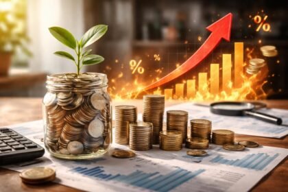 Pénzügyi növekedés és befektetési lehetőségek grafikus ábrázolása érme üvegedényben.