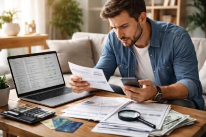 Férfi áttekinti előfizetéseit a laptopjánál, pénzügyi áttekintés