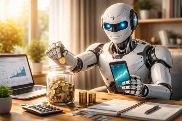 Robot pénzügyi automatizálás során érme betevése egy üvegbe.