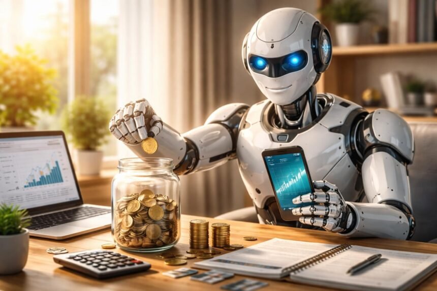 Robot pénzügyi automatizálás során érme betevése egy üvegbe.