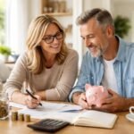 Pár pénzügyi tervezés közben, malacpersely és dokumentumok az asztalon.