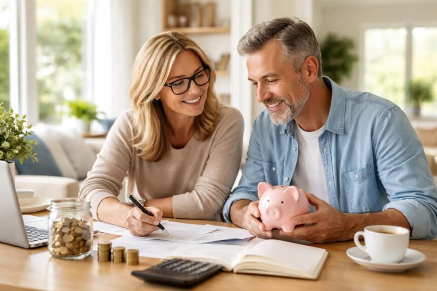 Pár pénzügyi tervezés közben, malacpersely és dokumentumok az asztalon.