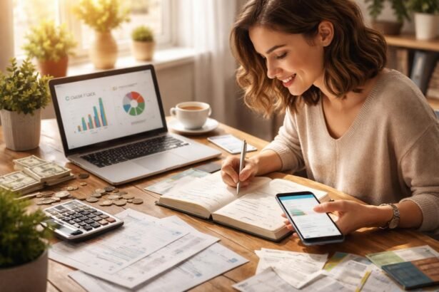 Fiatal nő pénzügyi nyilvántartást készít számítógép és mobil segítségével.