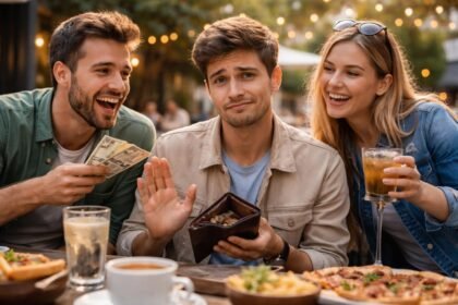 Fiatalok egy étteremben, aki pénztárcáját mutatja barátainak.